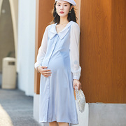 2023年孕妇春季连衣裙双翻领长袖雪纺纯色中长款高贵韩版裙子