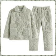 「超厚」保暖睡衣女，冬三层加厚加绒夹棉珊瑚绒棉袄淡绿条纹家居服