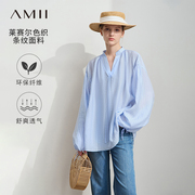 Amii落肩灯笼袖条纹雪纺衫女春季2025新款宽松中长款绑带立领上衣