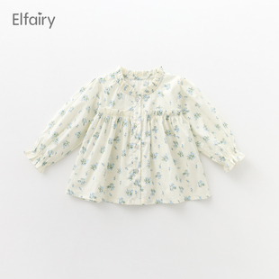 elfairy女童衬衣法式小碎花，上衣儿童娃娃衫，宝宝春秋小童纯棉衬衫