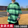 大码绿色条纹短袖t恤男夏季日系圆领青少年胖子加肥加大男装体恤