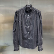 XIWA欧洲站小众英伦风单排扣立领泡泡袖上衣重工烫钻长袖衬衫