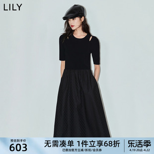 lily2024夏女装(夏女装)设计感拼接气质通勤时尚，高腰a字连衣裙小黑裙