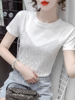 纯棉欧洲站短袖T恤女夏季重工烫钻洋气2024欧货小衫白色圆领上衣
