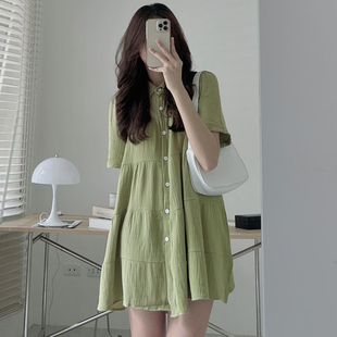 韩国chic夏季小众气质翻领褶皱层次感宽松单排扣小个子短袖连衣裙