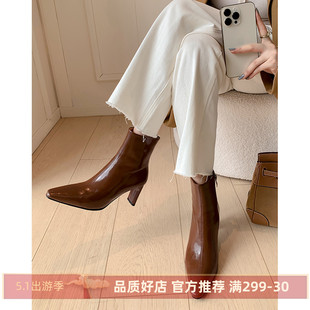 kmeizu法式简约短靴女秋冬棕色，粗跟单靴，高跟鞋真皮及踝时装靴