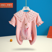 女童夏季粉色印花短袖小女孩甜美蕾丝娃娃领T恤2023纯棉短袖