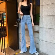 高弹牛仔裤女2024韩版复古时尚直喇叭长裤高腰显瘦弹力阔腿裤