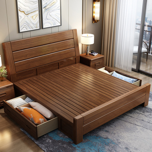 曲美家居胡桃木实木床，中式双人床主卧1.8米简约现代1.5m高箱储物