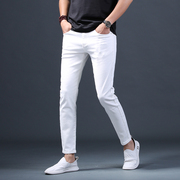 白色牛仔裤男士修身小脚，韩版潮流夏季时尚牛，子裤弹力青年休闲裤薄