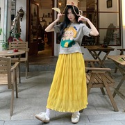 韩版卡通女孩图案短袖针织衫女夏季高腰显瘦时尚褶皱半身裙两件套