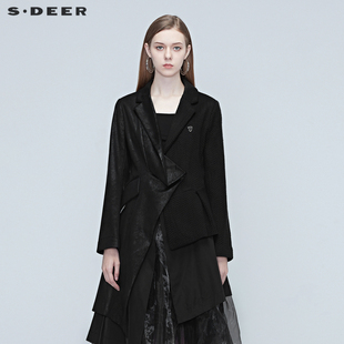 sdeer圣迪奥秋女装，不规则拼接休闲黑色短款西装外套s20382201