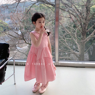 韩版女童裙子夏季儿童，洋气纯色公主，裙宝宝时髦连衣裙气质长裙