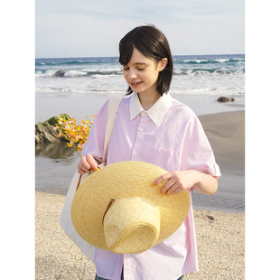 unretro日系拼接粉色条纹短袖衬衫，女学院风小个子宽松纯棉衬衣