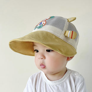 婴儿防晒帽子夏季男童，卡通小熊网格，太阳帽宝宝夏天透气大檐遮阳帽