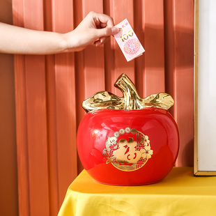 创意陶瓷吉祥红苹果摆件客厅，玄关招财装饰品生日，圣诞节礼物存钱罐