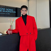 秋季复古红色时尚V领短款西服外套设计感中国红时髦大红工装西装