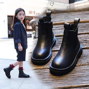 女童切尔西靴全牛皮短靴秋冬季儿童马丁靴，真皮宝宝靴子棉靴黑色潮