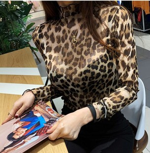 韩国iampretty洋气印花豹纹，t恤女长袖，立领透视性感蕾丝衫衬衣