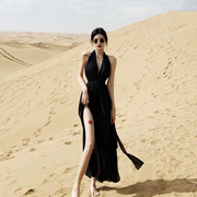 三亚沙漠海边度假沙滩裙小个子，露背黑色挂脖吊带，连衣裙女夏季长裙
