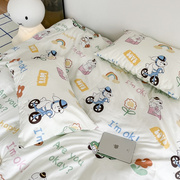 可爱卡通儿童床上用品全棉四件套，1.5m被套绿格子，床单纯棉三件套男