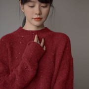 日本SLY 浣熊绒毛衣女冬圣诞新年羊毛衫本命年龙年红色羊绒衫