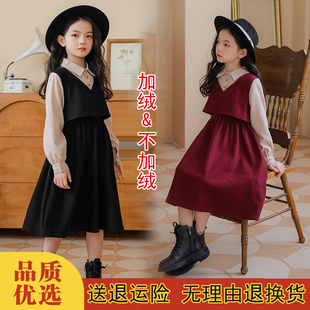 女童加绒假两件连衣裙，2023秋冬韩版中大童红色，灯芯绒公主裙亲子装