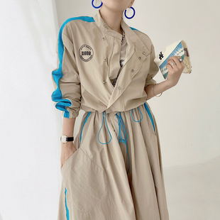 韩国chic秋季个性字母印花撞色短外套+高腰，口袋大摆型半身裙套装