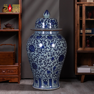 景德镇陶瓷将军罐摆件，大号客厅落地复古裂纹花瓶，手绘青花瓷器摆件