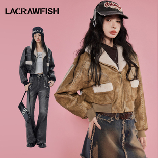 lacrawfish美式复古仿兔貂毛领，拼接夹棉美拉德pu皮衣夹克短外套
