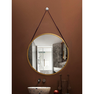 北欧创意吊带镜壁挂圆形镜浴室镜化妆镜铝合金框皮带装饰镜玄关镜