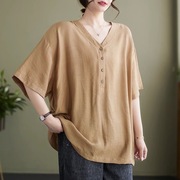 韩国大码女装夏装洋气棉麻亚麻上衣女高端苎麻短袖T恤