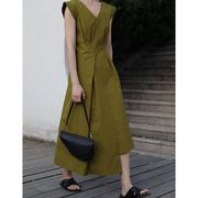 黄绿色无袖连衣裙女法式茶歇高级感气质惊艳别致独特长款裙子夏季