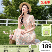 香影碎花连衣裙女2024夏装泡泡袖方领裙子收腰雪纺茶歇法式裙