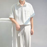 夏季男生衬衫高级华夫格，肌理小香风免烫垂坠设计感宽松休闲半短袖