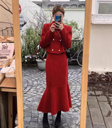 双面羊毛大衣套装女23秋冬红色娃娃领修身纯色双排扣呢两件套