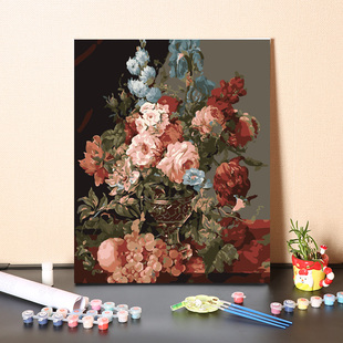 数字油画diy手工填充欧式复古花卉，手绘涂色客厅装饰丙烯油彩画画