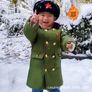 儿童军绿色棉大衣加绒加厚棉服中小童冬季保暖棉袄送雷锋帽红围巾