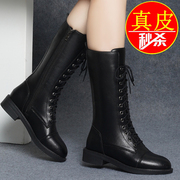 香港品牌真皮女鞋断码平跟马丁靴2021冬季短靴女粗跟中筒靴
