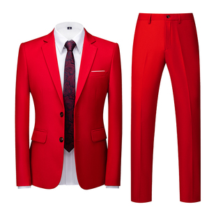大红色西服套装新郎伴郎结婚礼服两件套演出商务正装西装纯色外套
