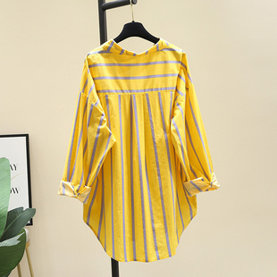 黄色条纹衬衫女2024春季韩版蝙蝠袖中长款衬衣，设计感上衣外套