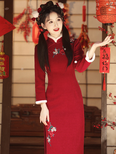 红色旗袍2023年冬季新中式新娘敬酒服过年拜年服加绒加厚连衣裙