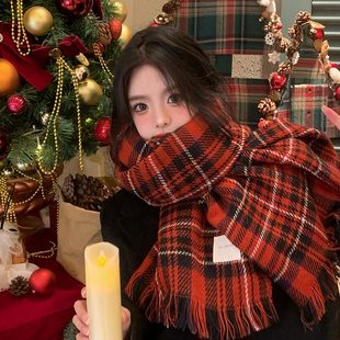 红色格子围巾女冬季韩版百搭高级围脖保暖学生情侣氛围感圣诞披肩