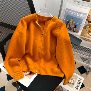 韩系南瓜橘色圆领，双拉链毛衣外套，女2023秋季宽松百搭针织开衫