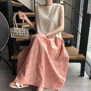 韩国chic夏季复古圆领蕾丝，钩花撞色拼接设计宽松长款背心连衣裙女