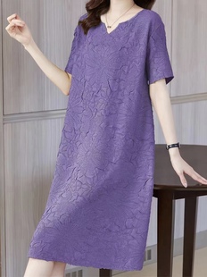 2022夏季时尚紫色褶皱压花，连衣裙中长款宽松腰显瘦妈妈打底裙