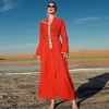橙红色连帽阿拉伯女装长，裙子带腰带手工，缝钻开叉连衣裙沙特阿曼袍