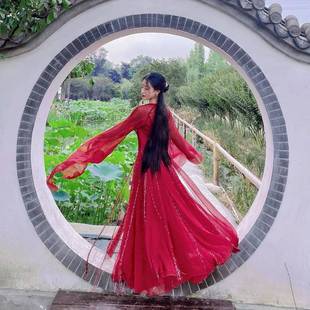 密棠X刘然联名款 酒红色古风大袖长外披流苏双层半身裙360度