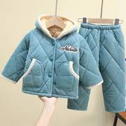 1-5岁宝宝家居服冬款夹棉加厚套装男童男宝冬季儿童三层加绒睡衣2