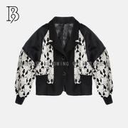 B992022年春夏季黑白印花百搭宽松色彩拼接短款女士外套